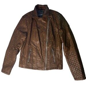 BELLIVERA L BROWN DISTRESSED FAUX LEATHER MOTO JACKET